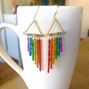 Gay Pride Flag Rainbow Seed Beaded Chandelier Earrings